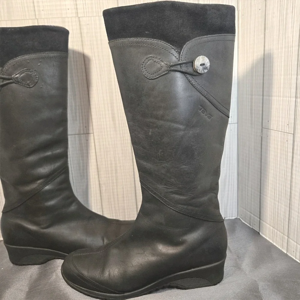 Teva Jade Cove Black Leather Tall Side‎ Zip Boots Women's Size 7